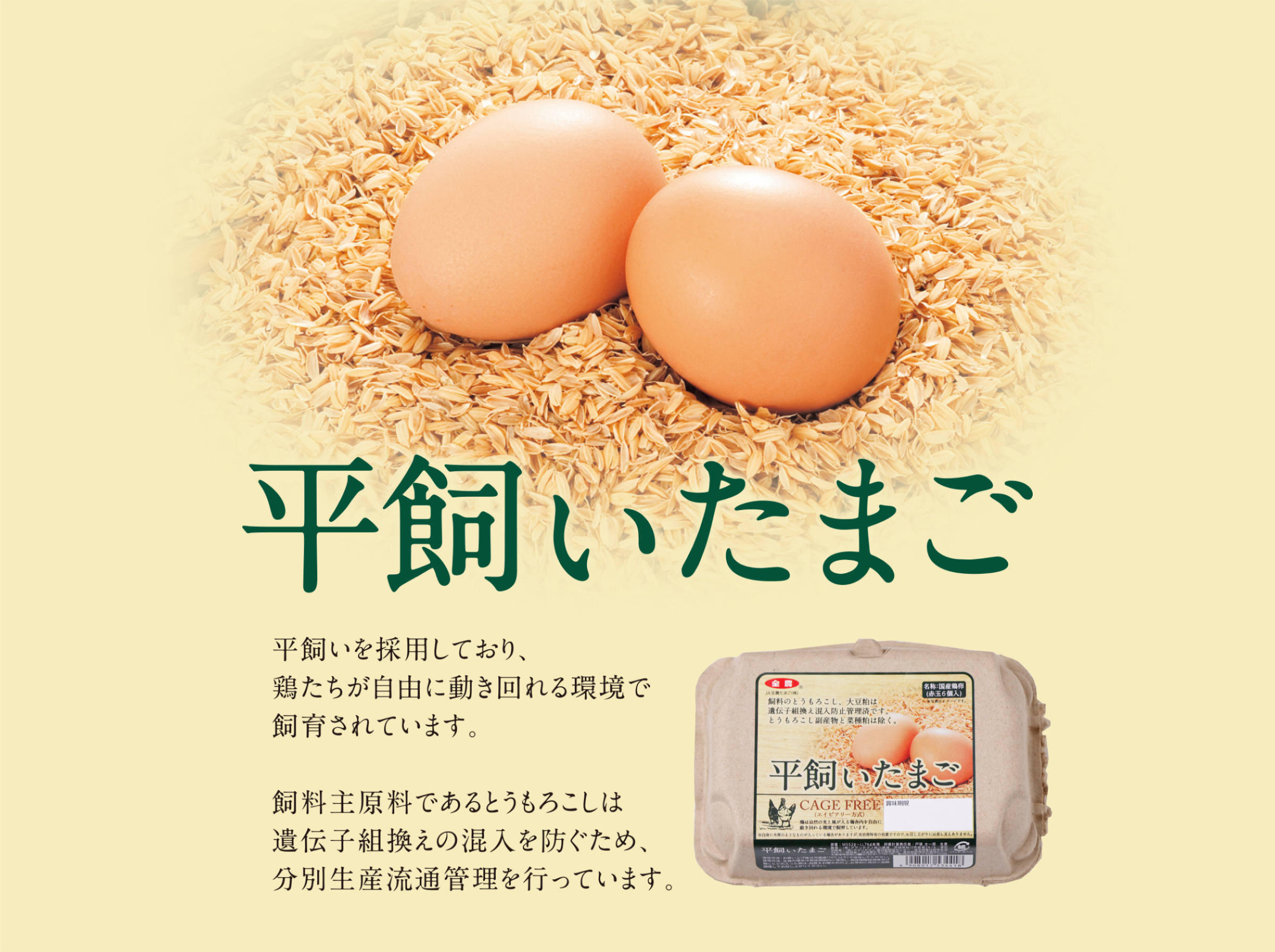 平飼いたまご 茨城県桜川市の農場で産まれた赤たまごです。平飼い（エイビアリー方式）を採用しており、鶏たちが自由に動き回れる環境で飼育されています。また飼料原料（トウモロコシ・大豆粕）は遺伝子組み換えを使用しておりません。 NON-GMO