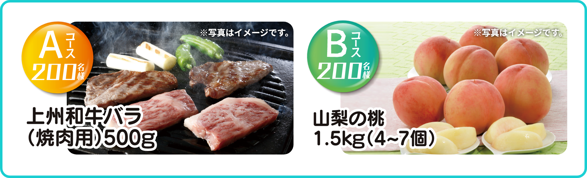 Aコース200名様 上州和牛バラ（焼肉用）500g ※写真はイメージです。　Bコース200名様 山梨の桃 1.5kg（4～7個） ※写真はイメージです。