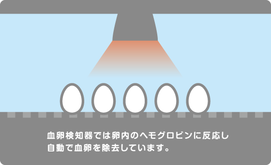 血卵検知器では卵内のヘモグロビンに反応し自動で血卵を除去しています。